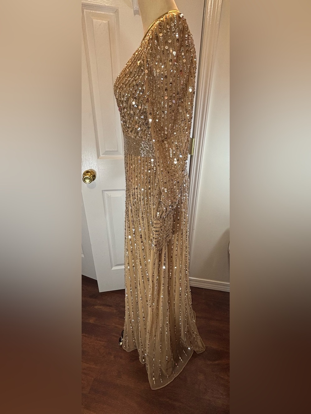 Mac Duggal Sequin Embellished With Cuff Sleeves Gown Vanilla/Silver #5720 - Picture 5 of 11